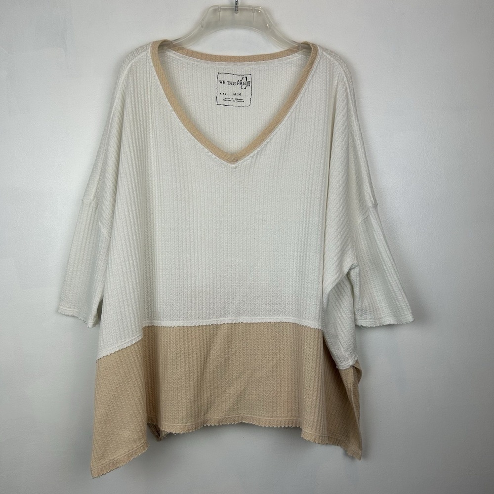 We the Free Waffle Top Womens M Oversized Beige V Thermal Raw Hem Casual Read